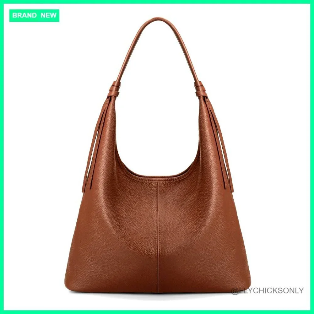 Genuine Leather Slouchy Hobo Tote Bag with Tassel Ribbon & Magnetic Closure